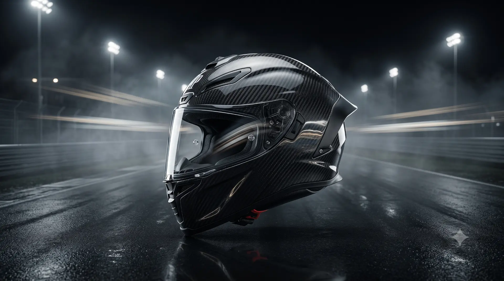 Capacete em pista molhada à noite