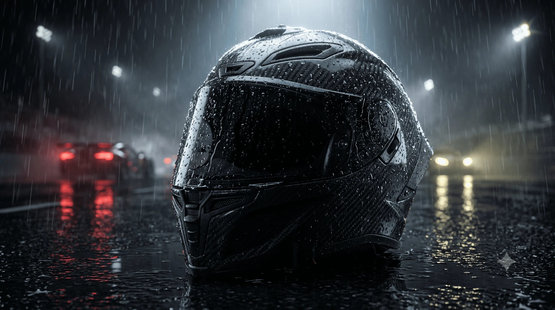 Capacete coberto por gotas de chuva em pista noturna
