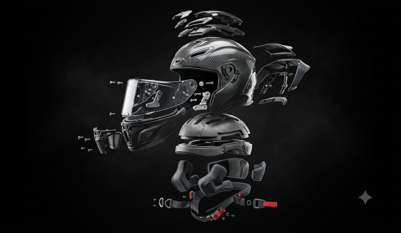 Vista explodida do capacete APEX//R com casco, EPS, forros e mecanismo de viseira