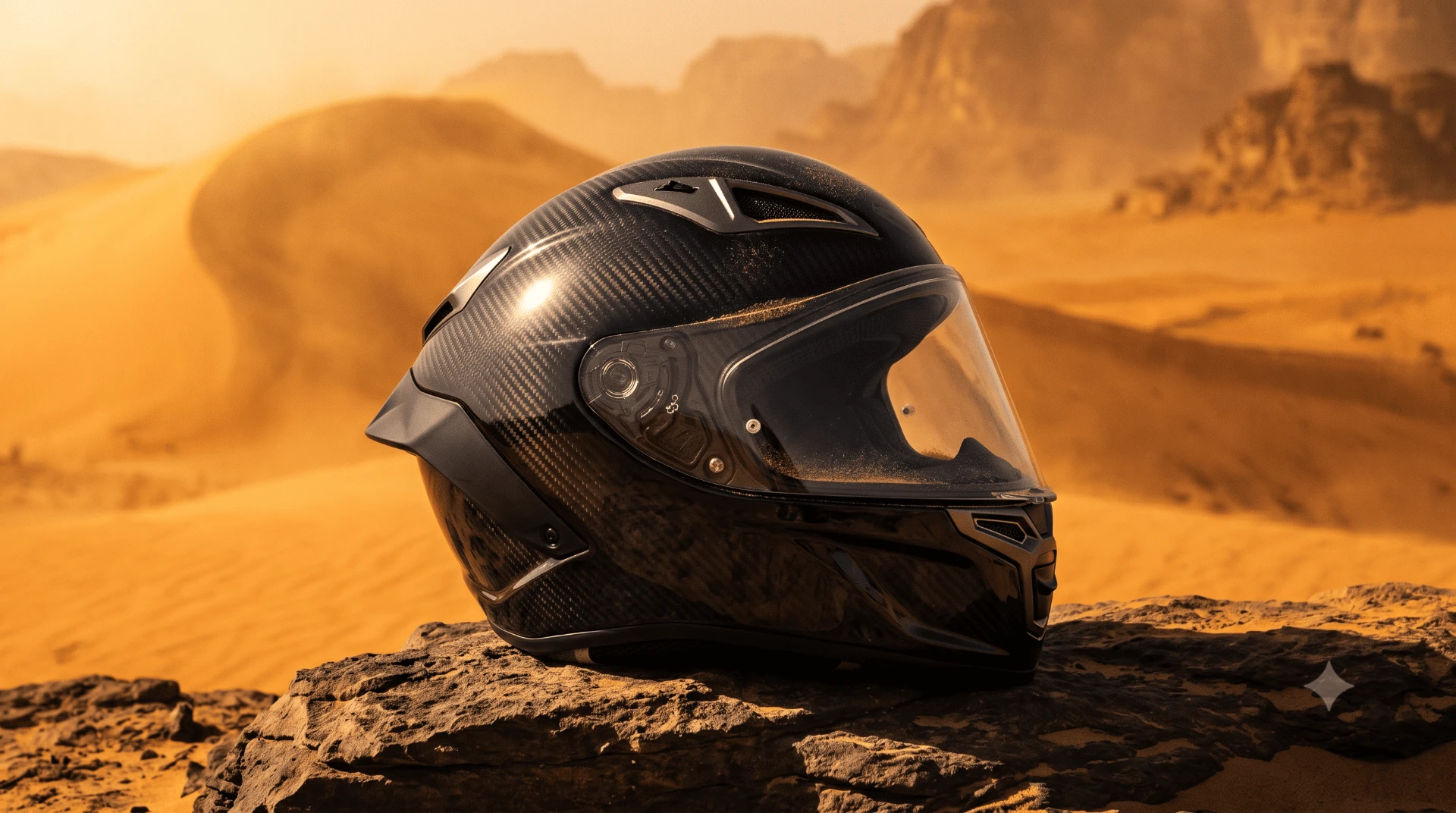 Perfil do capacete sobre rocha no deserto ao pôr do sol
